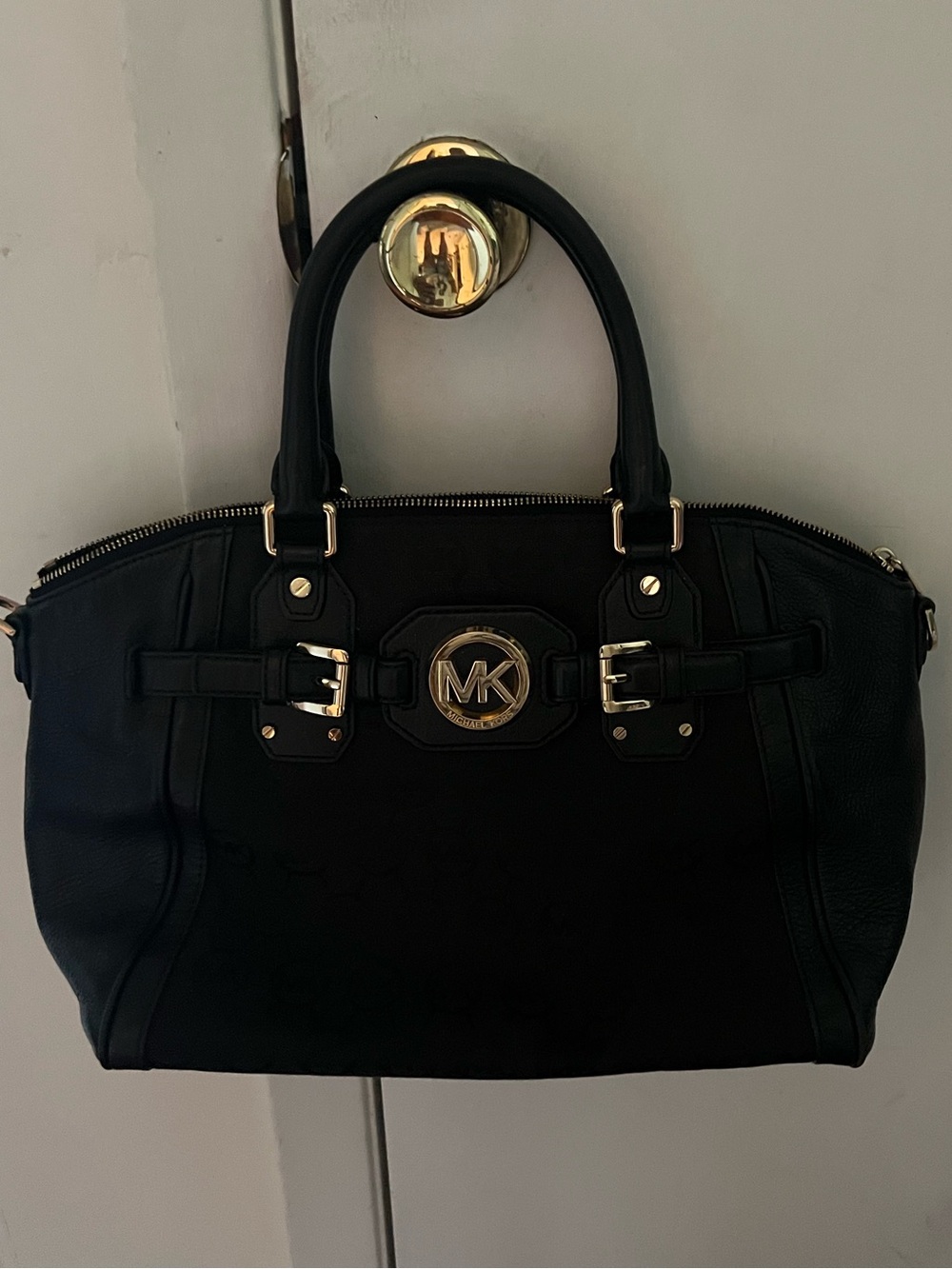 Michael Kors Black Leather Satchel with Gold Hardware